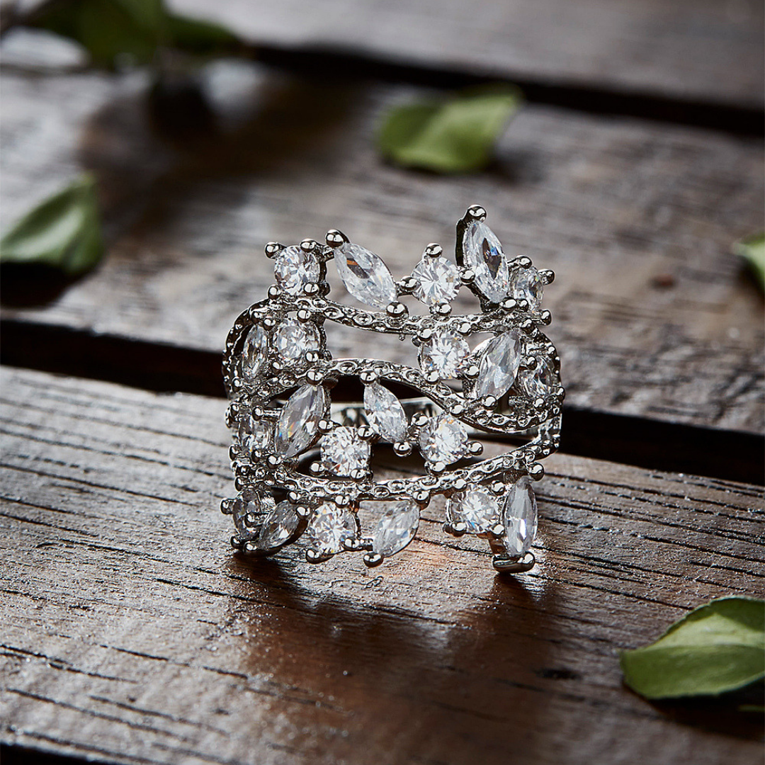 14K White Gold Plated Crystal Plated Leaf Ring with crystals