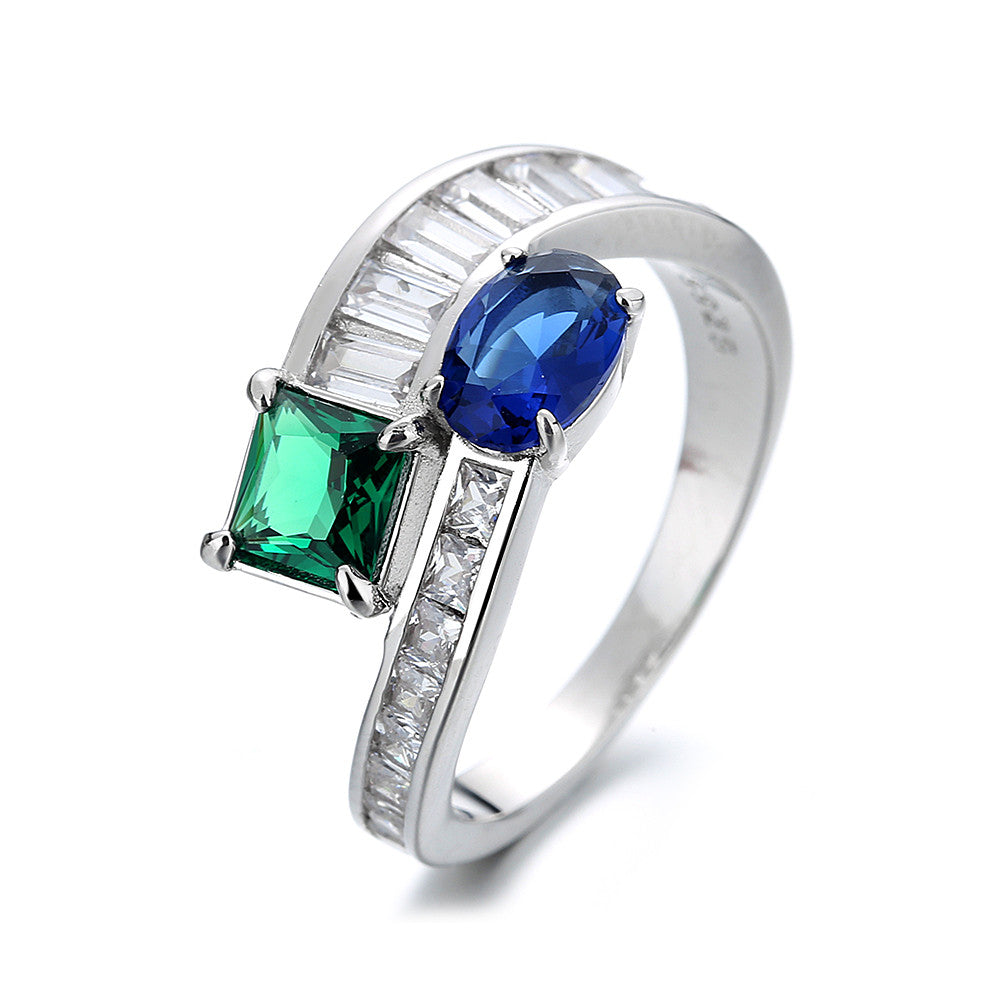 Silver-Tone Emerald & Sapphire Bypass Ring with Simulated Diamonds