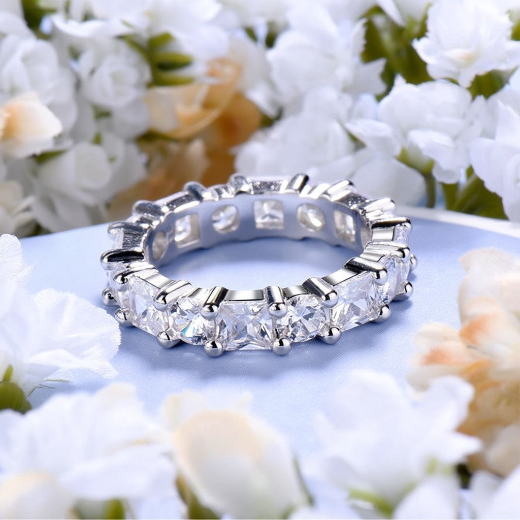 14K White Gold Brilliant & Princess Cut Eternity Ring with Simulated Diamonds