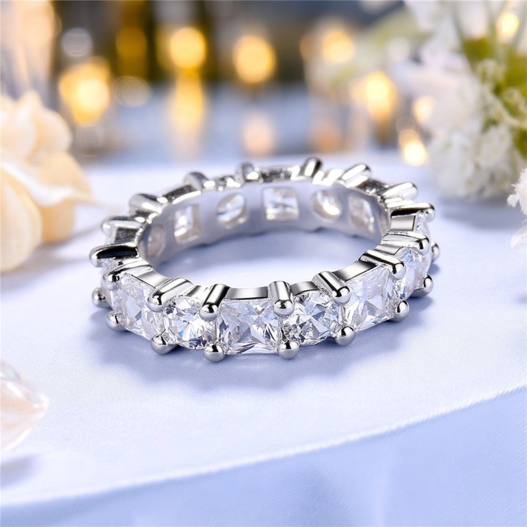 14K White Gold Brilliant & Princess Cut Eternity Ring with Simulated Diamonds