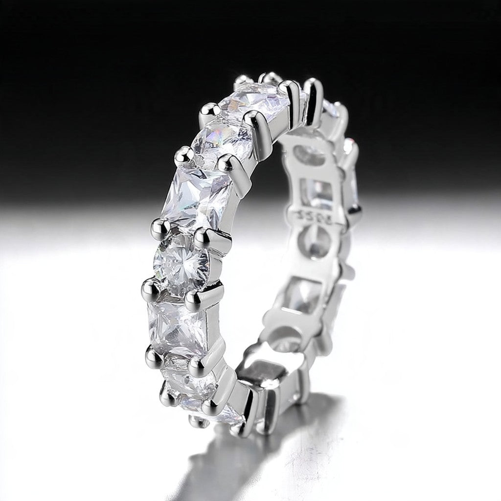 14K White Gold Brilliant & Princess Cut Eternity Ring with Simulated Diamonds