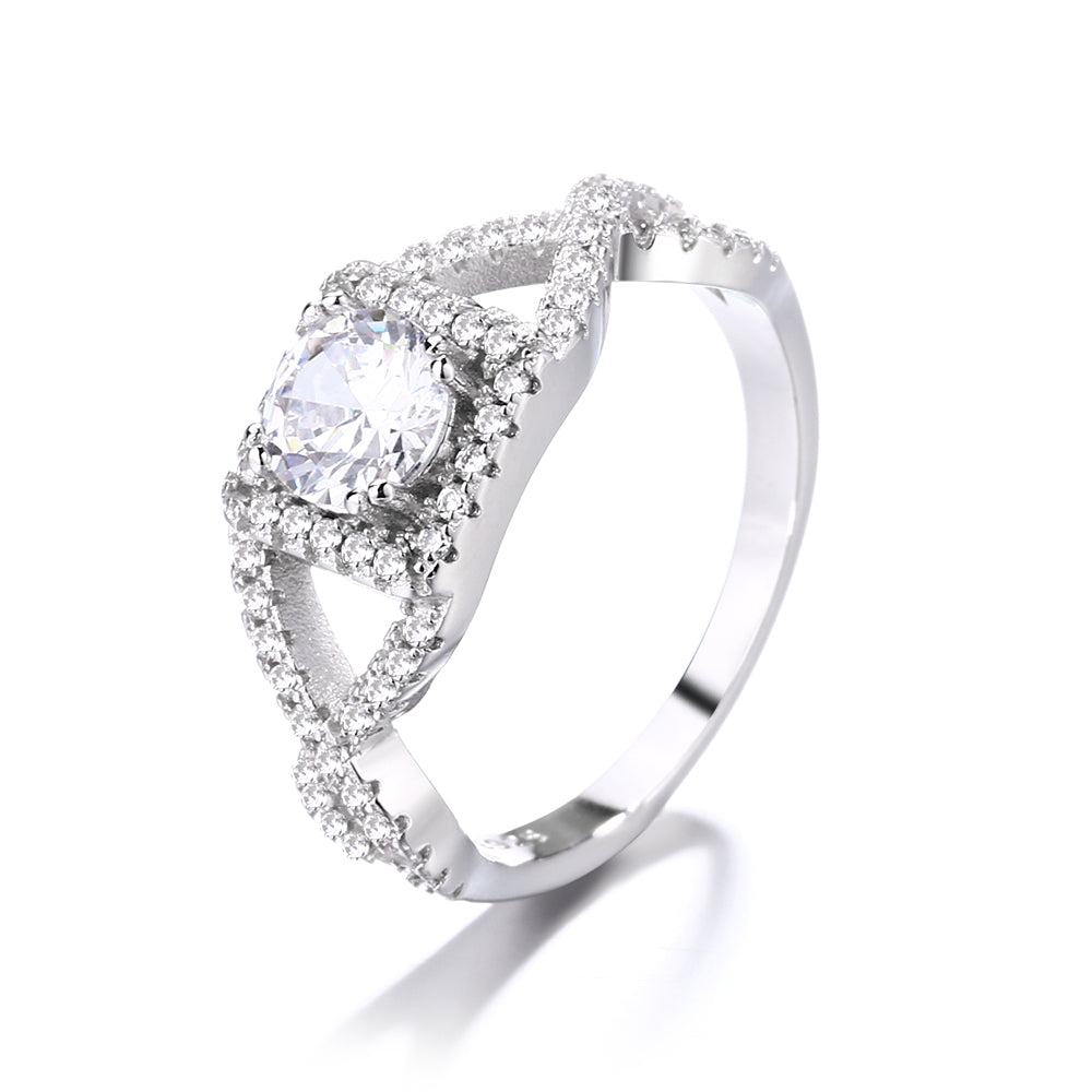 Sterling Silver Split Shank Halo Simulated Diamond Engagement Ring