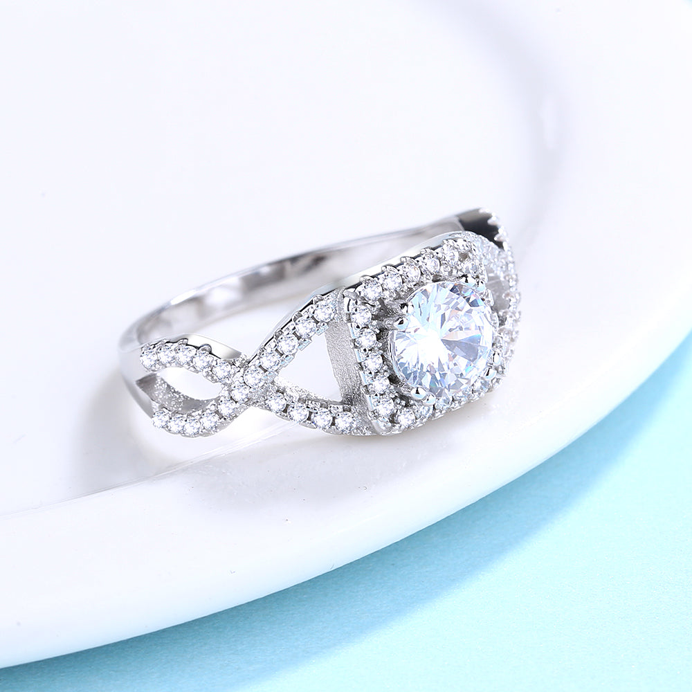 Sterling Silver Split Shank Halo Simulated Diamond Engagement Ring
