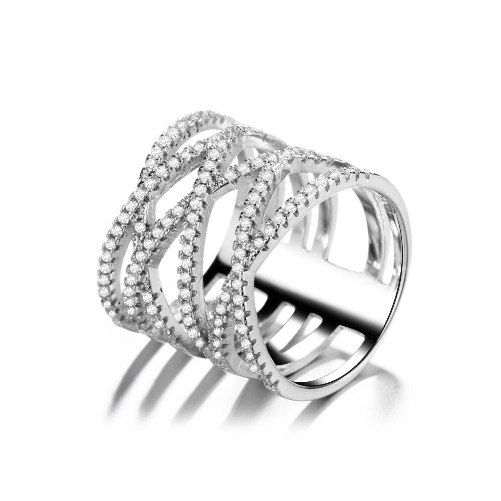 Silver-Tone Cross Over Ring with Simulated Diamonds