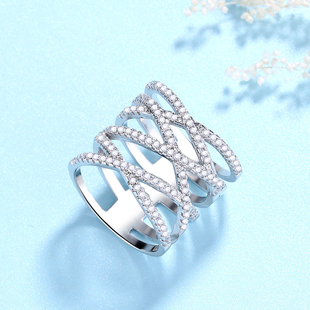 Silver-Tone Cross Over Ring with Simulated Diamonds