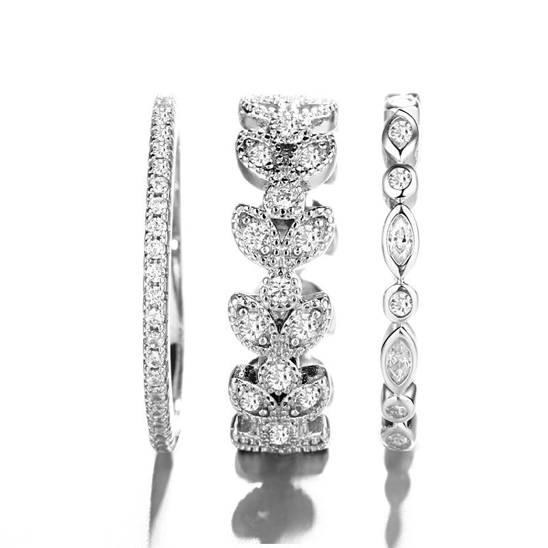 14K White Gold Three-Piece Marquise Cut Leaf Ring Set with Simulated Diamonds