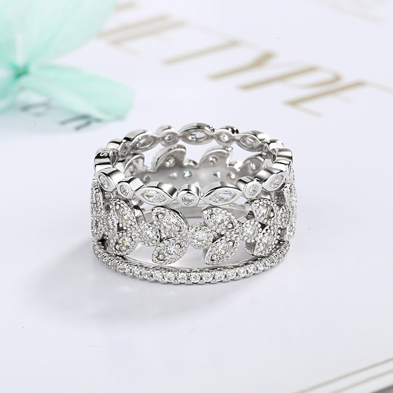 14K White Gold Three-Piece Marquise Cut Leaf Ring Set with Simulated Diamonds