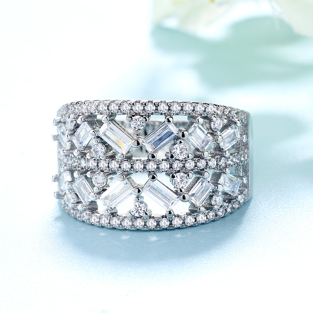 14K White Gold Plated Geometric Floral Ring With Crystals