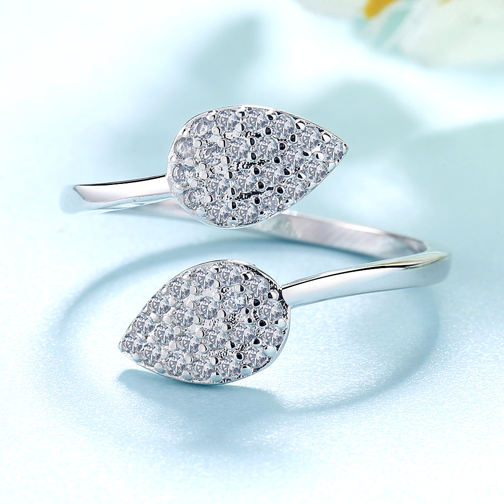 Sterling Silver Bypass Double Leaf Ring With Simulated Diamonds