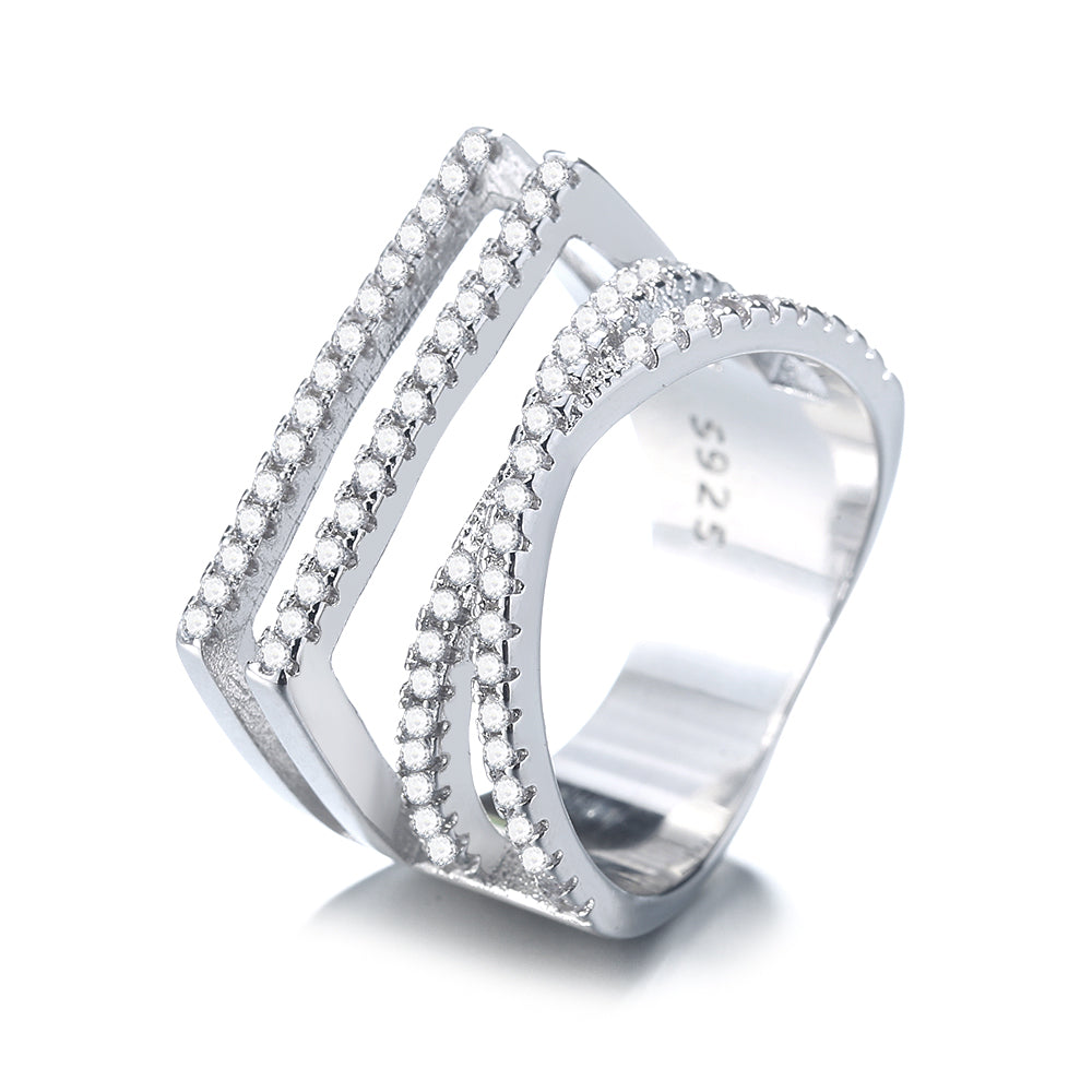 Silver-Tone Four-Row Geometric Ring with Simulated Diamonds