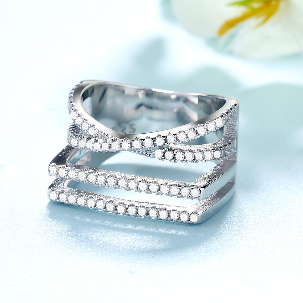 Silver-Tone Four-Row Geometric Ring with Simulated Diamonds