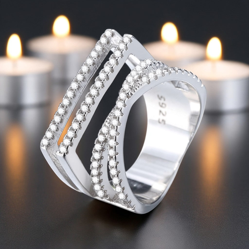 Silver-Tone Four-Row Geometric Ring with Simulated Diamonds