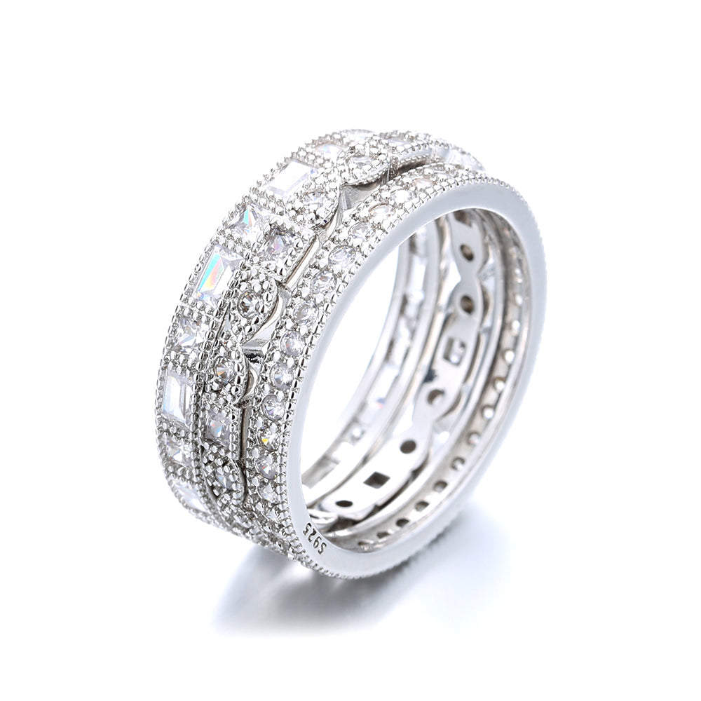 Silvertone Milgrain Band Set With Simulated Diamonds