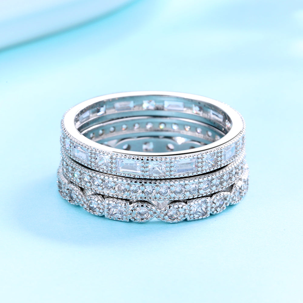 Silvertone Milgrain Band Set With Simulated Diamonds