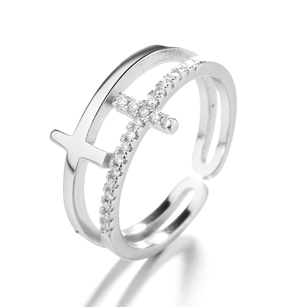 18k White Gold, Yellow Gold. and Rose Gold Sideways Cross Ring with Crystals