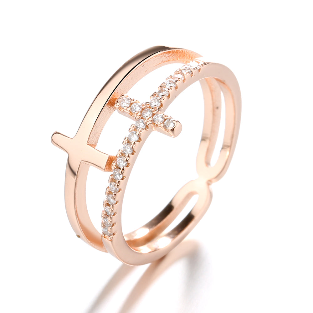 18k White Gold, Yellow Gold. and Rose Gold Sideways Cross Ring with Crystals