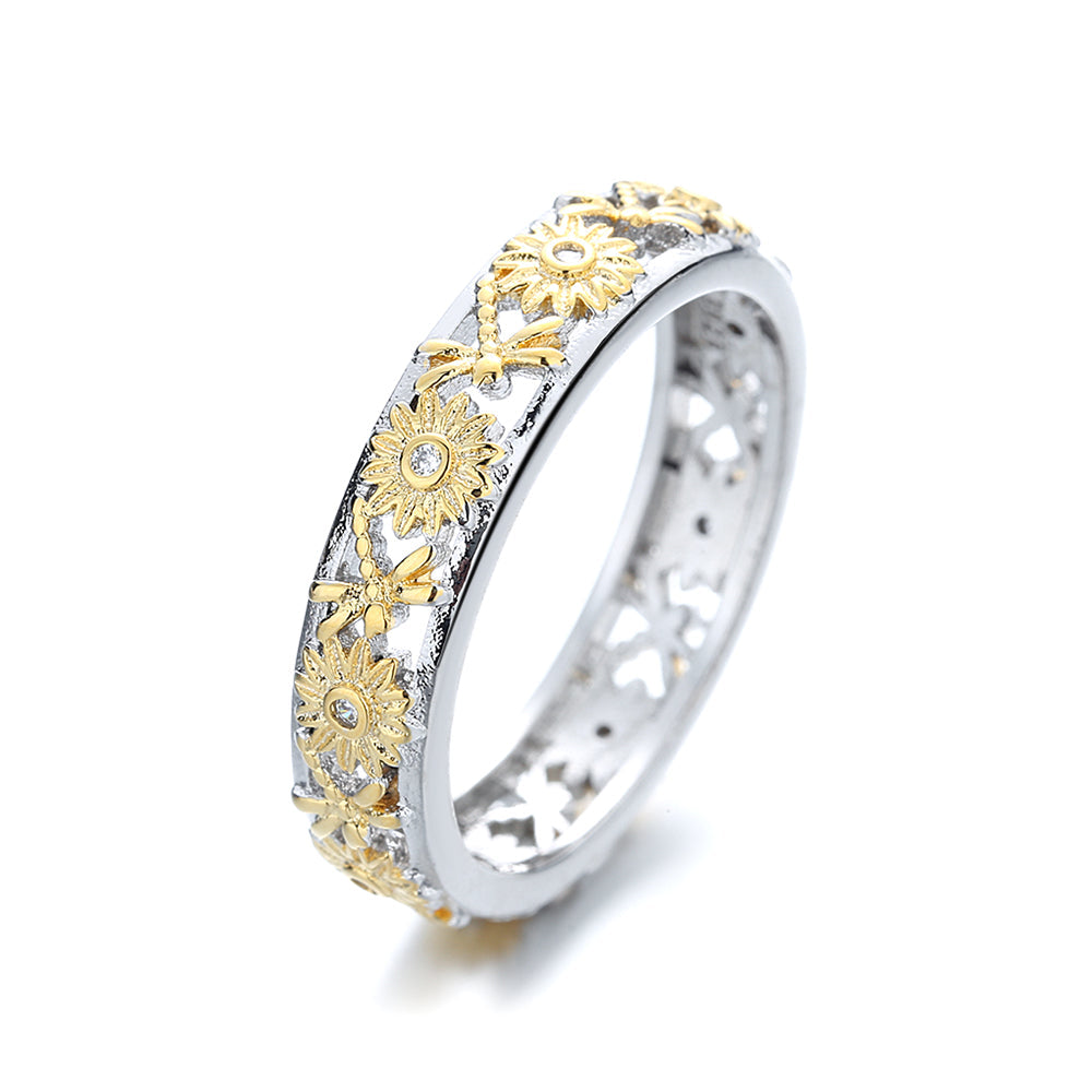 Two-Tone Dragonfly and Floral Band Ring