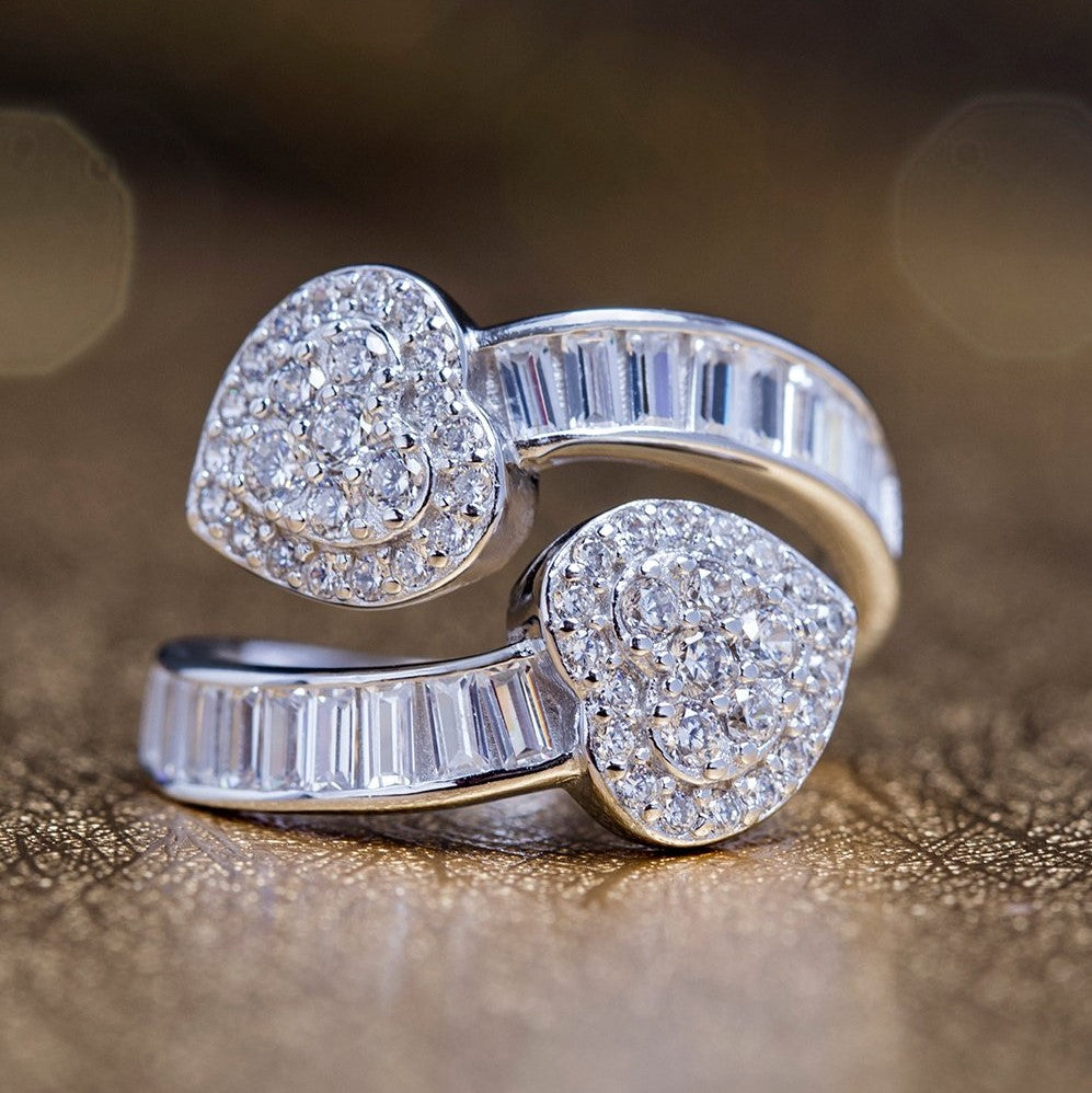 18K White Gold Double Heart Bypass Ring with Simulated Diamonds