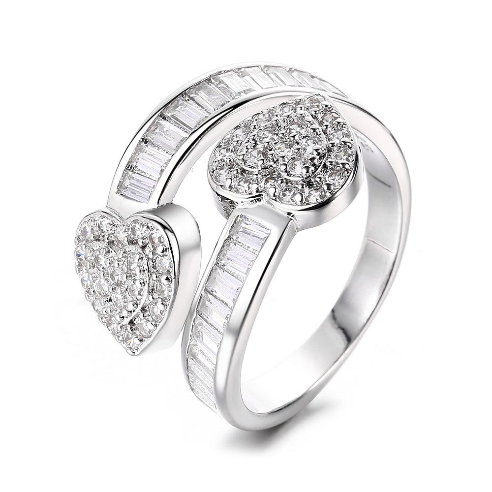 18K White Gold Double Heart Bypass Ring with Simulated Diamonds