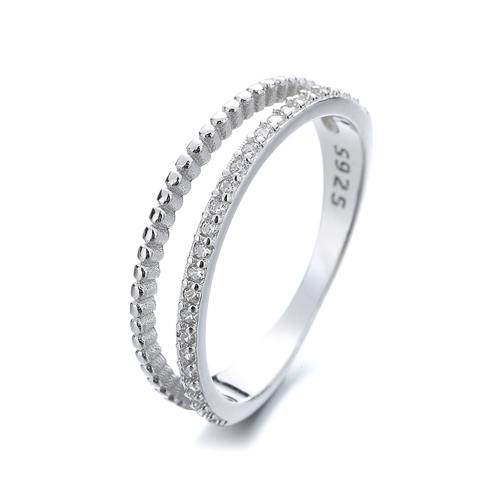 14 KT White Gold Plated Two Row Twist Ring with Simulated Diamonds
