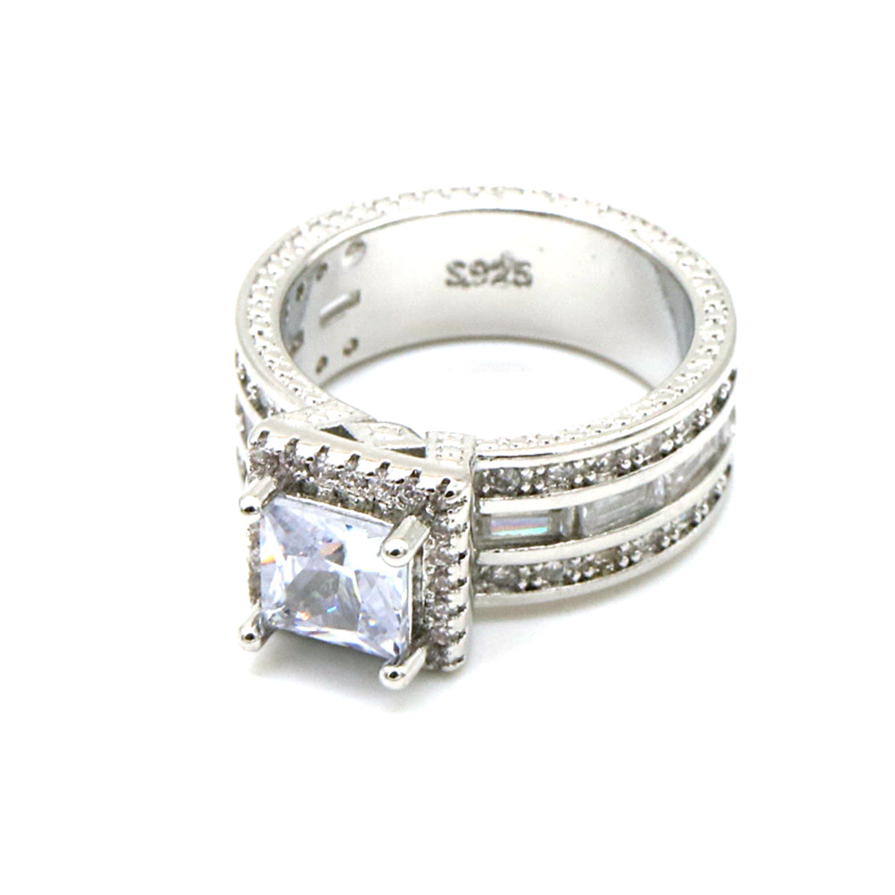 Silver-Tone Mult-Cut Three Row Engagement Ring with Genuine Crystals