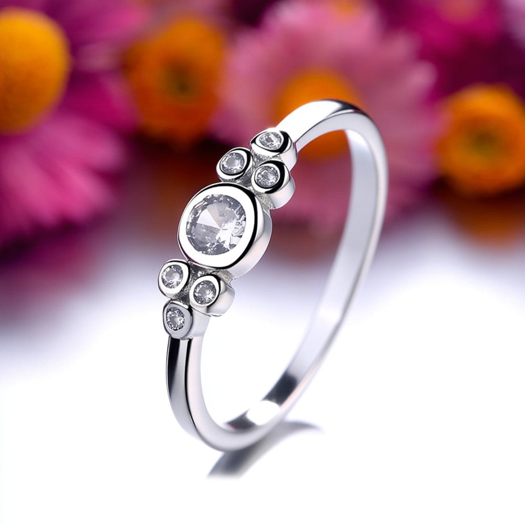 Sterling Silver Round Ring With Crystals