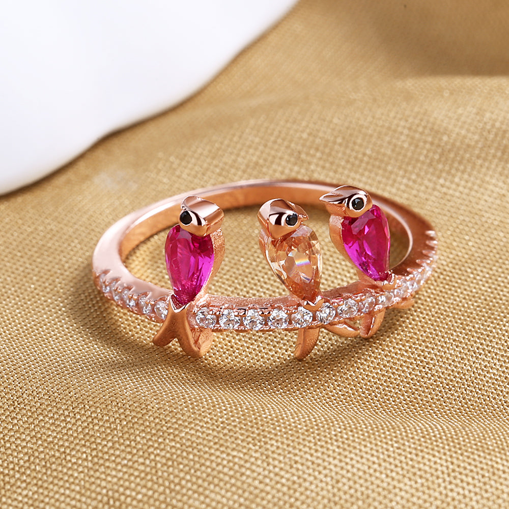 18K Rose Gold and Sterling Silver Birds Perched With crystals