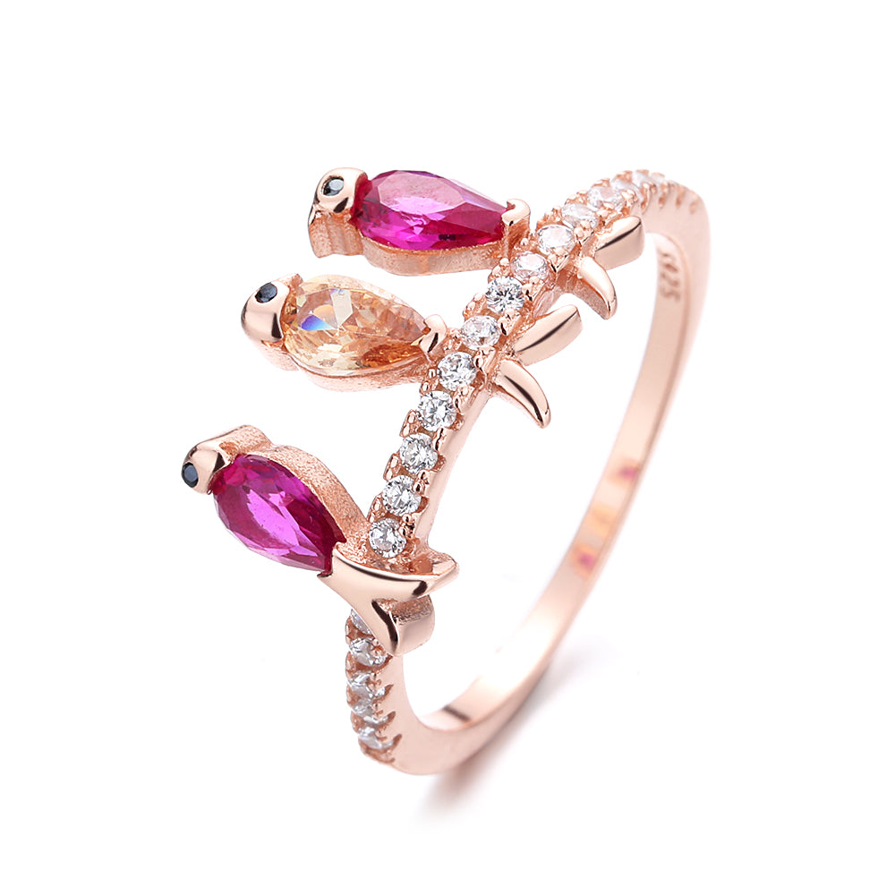 18K Rose Gold and Sterling Silver Birds Perched With crystals