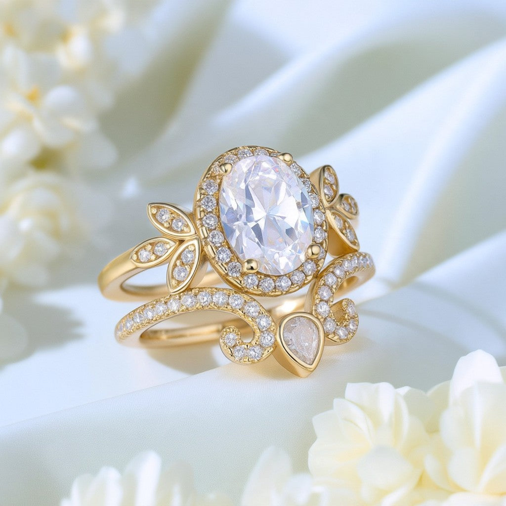 14K Gold and Sterling Silver Quaint Engagement Ring with crystals
