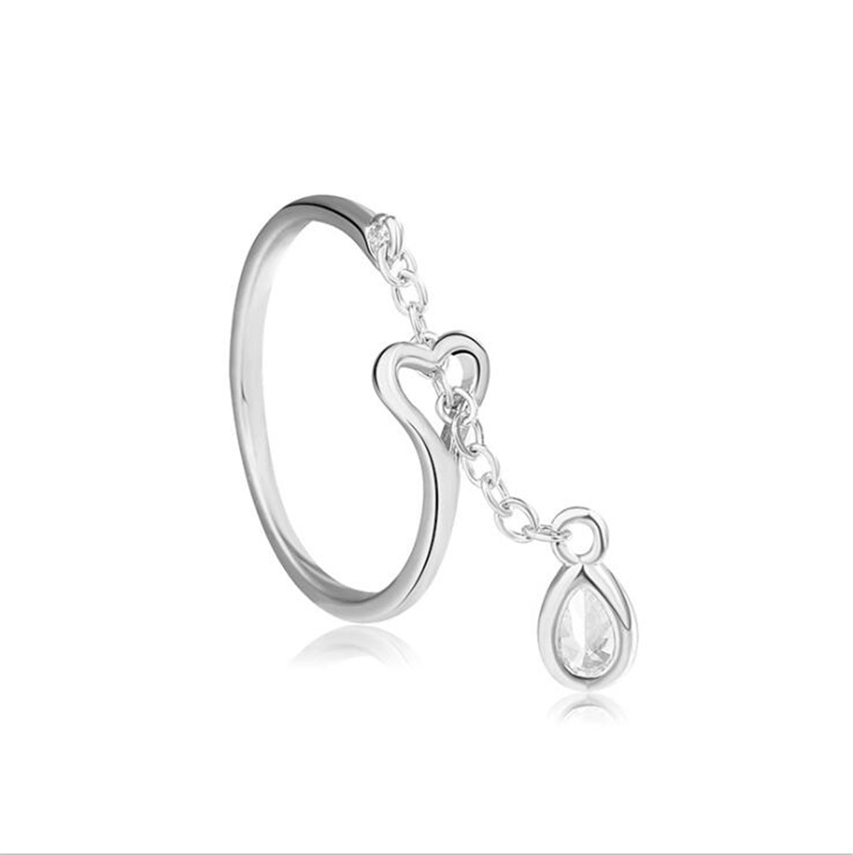 Sterling Silver Open Heart Adjustable Ring with crystals