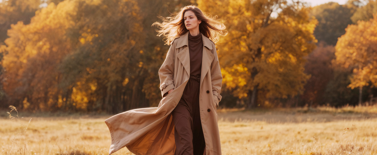A woman stands in an autumn field wearing a long beige trench coat over a dark brown outfit, with golden trees in the background.