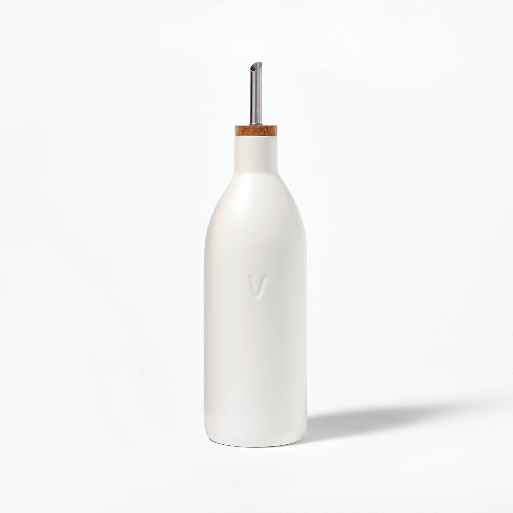 Ceramic Vinegar Pour Bottle Cream  Figmint™ Stoneware Oil Dispenser Stainless Steel  Wood Lid 187oz Capacity