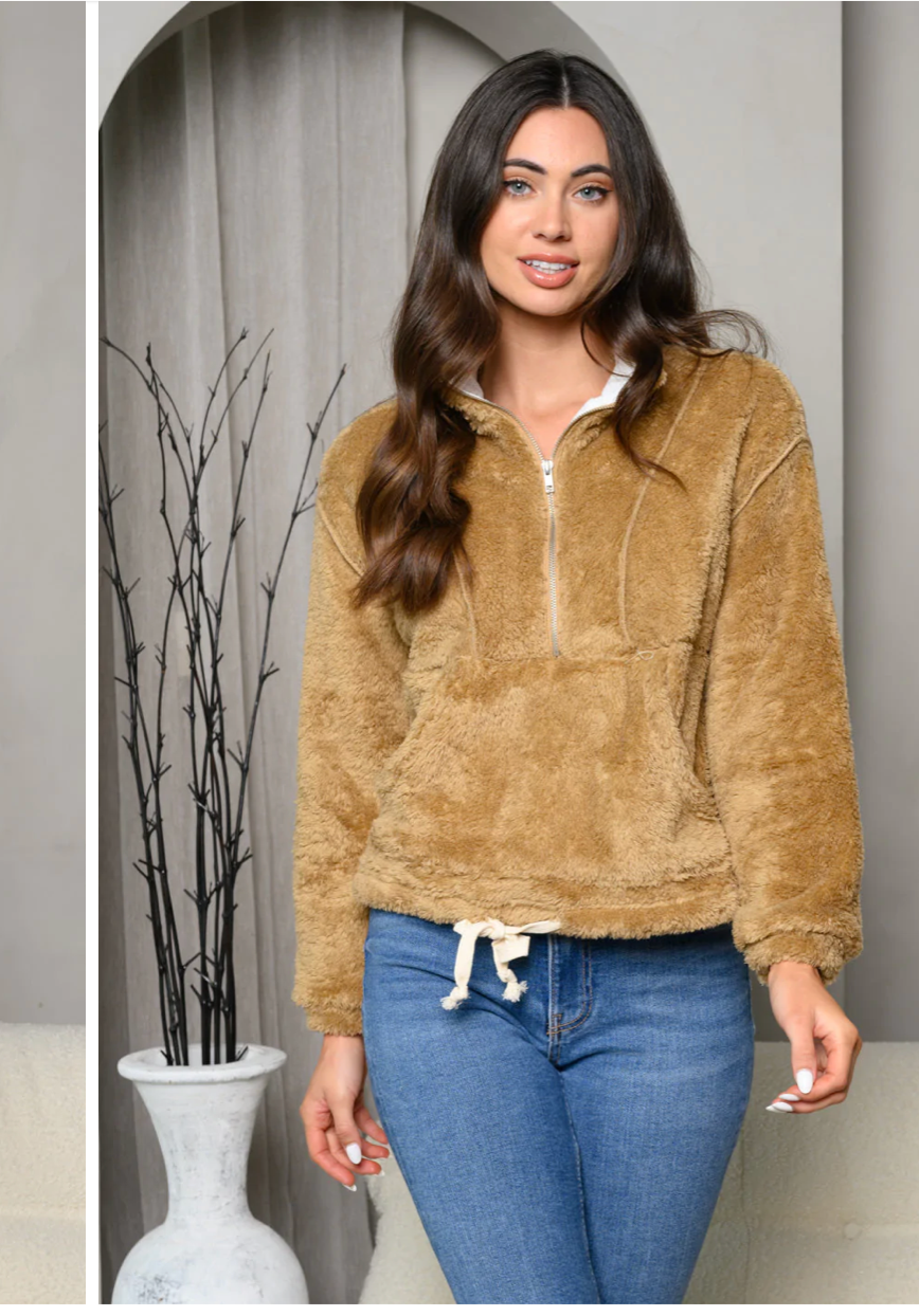 Frankie & Pop Women's sherpa spring cozy camel Jacket front pocket bomber Jacket Brown Size Large