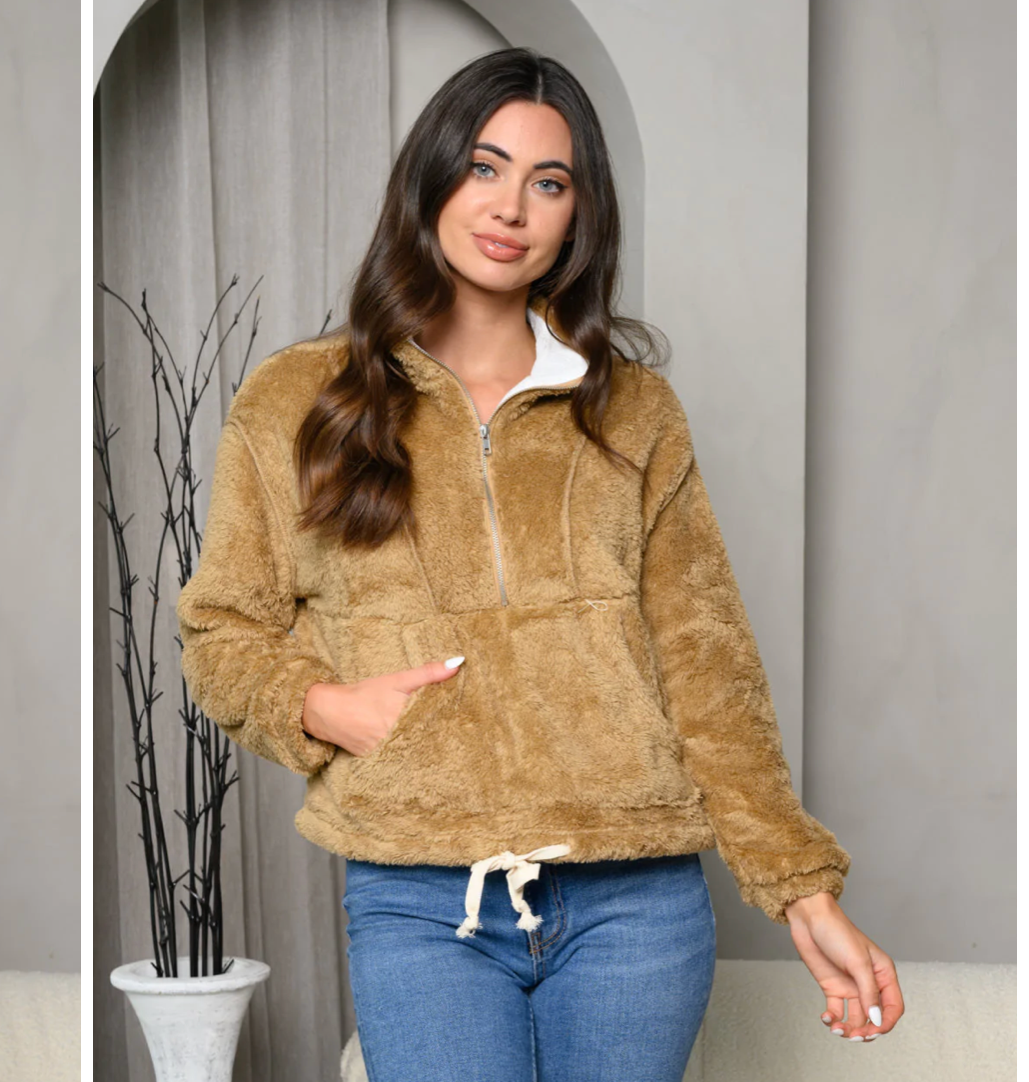 Frankie & Pop Women's sherpa spring cozy camel Jacket front pocket bomber Jacket Brown Size Large