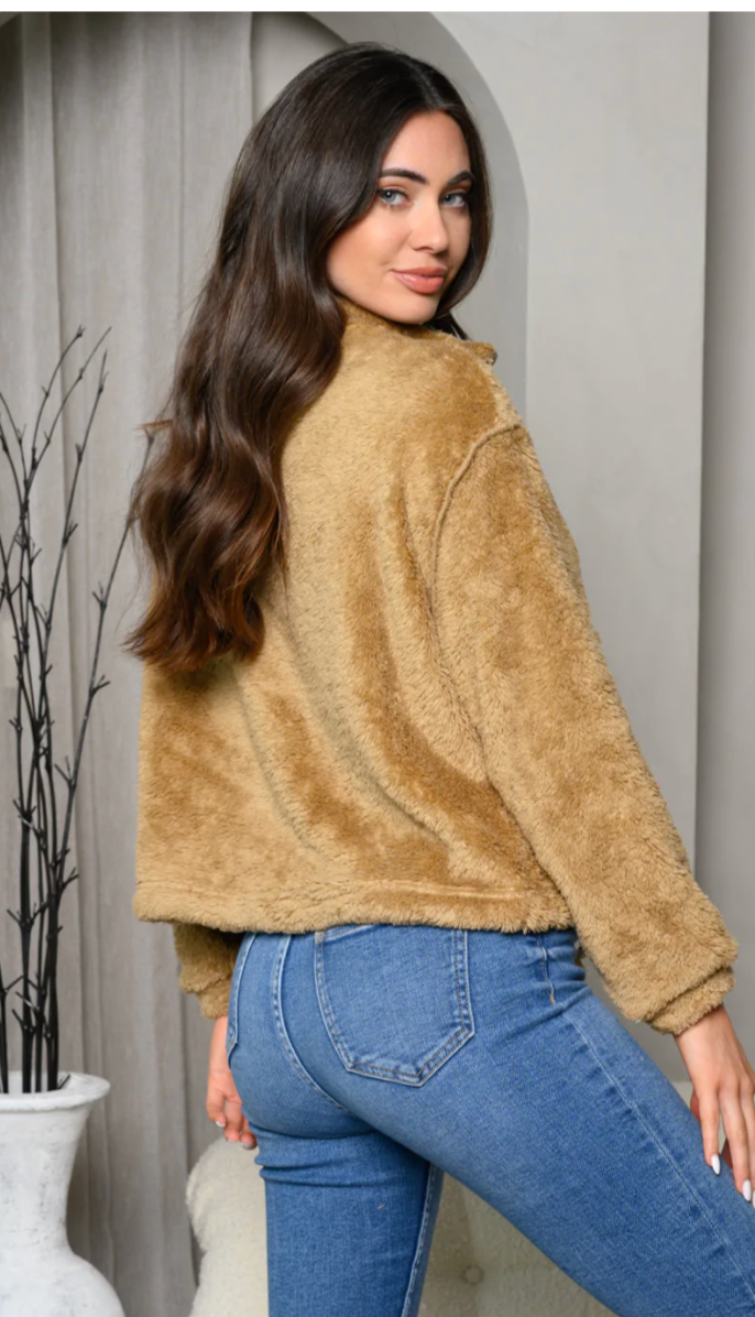 Frankie & Pop Women's sherpa spring cozy camel Jacket front pocket bomber Jacket Brown Size Large