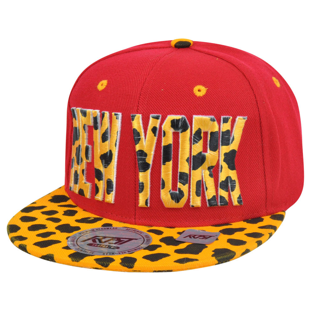 New York City NYC Cheetah Spots Print Snapback Red Adjustable Flat Bill Hat Cap