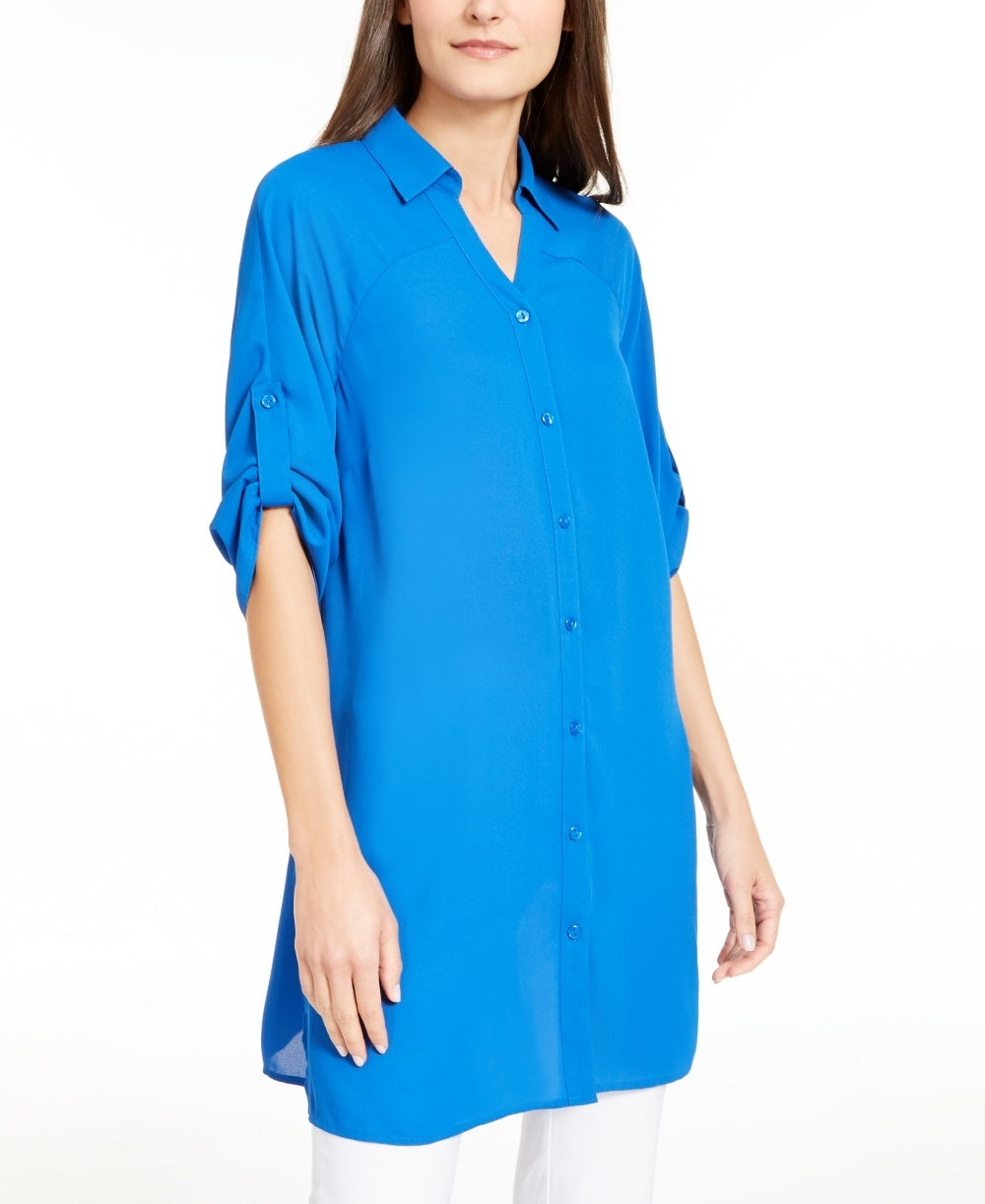 Alfani Women's Roll-Tab Tunic Shirt Blue Size Medium