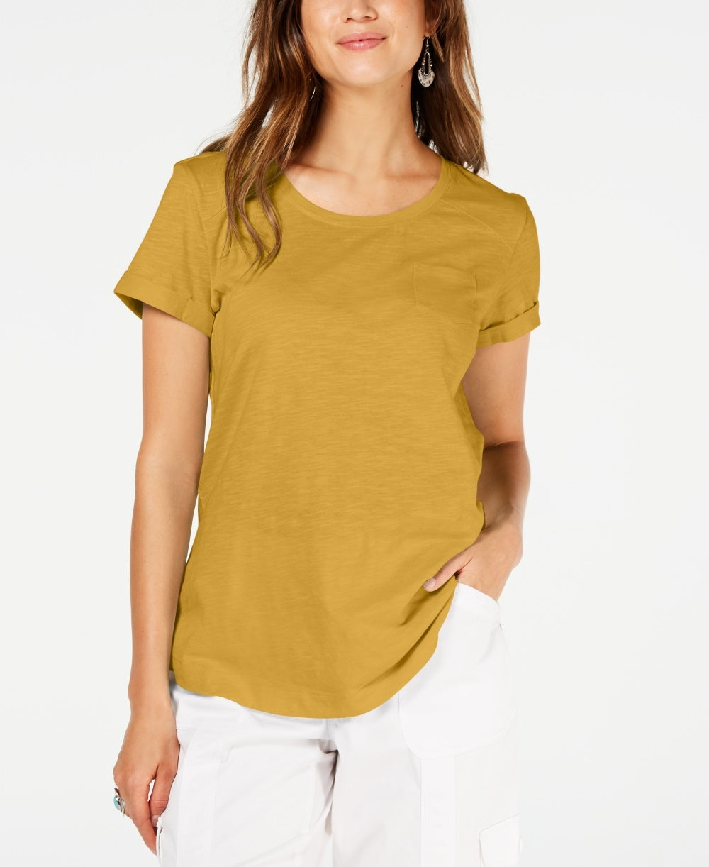 Style & Co Women's Cuffed Sleeve Cotton T-Shirt  Gold Size Small