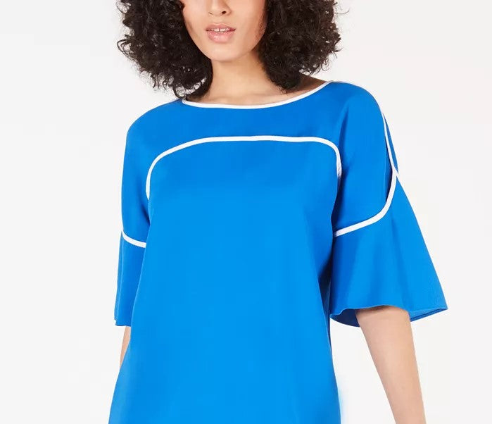 Alfani Women's Petite Piped Flutter-Sleeve Top Dark Blue Size Medium