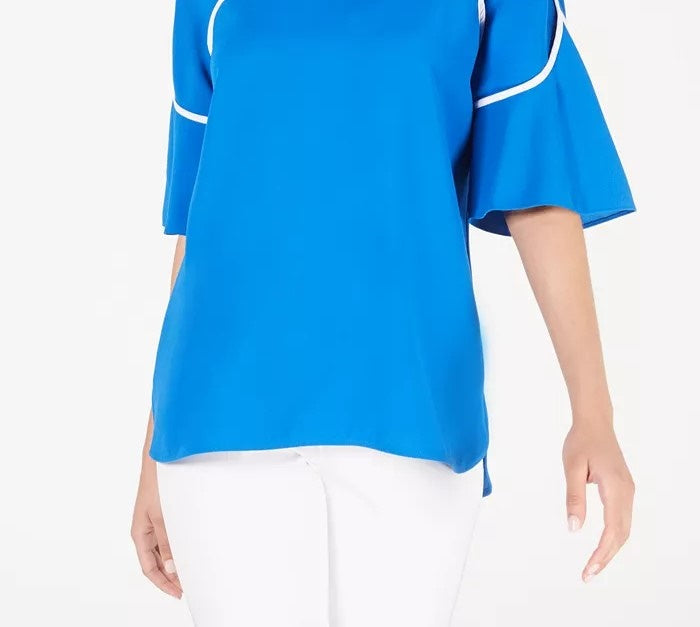 Alfani Women's Petite Piped Flutter-Sleeve Top Dark Blue Size Medium