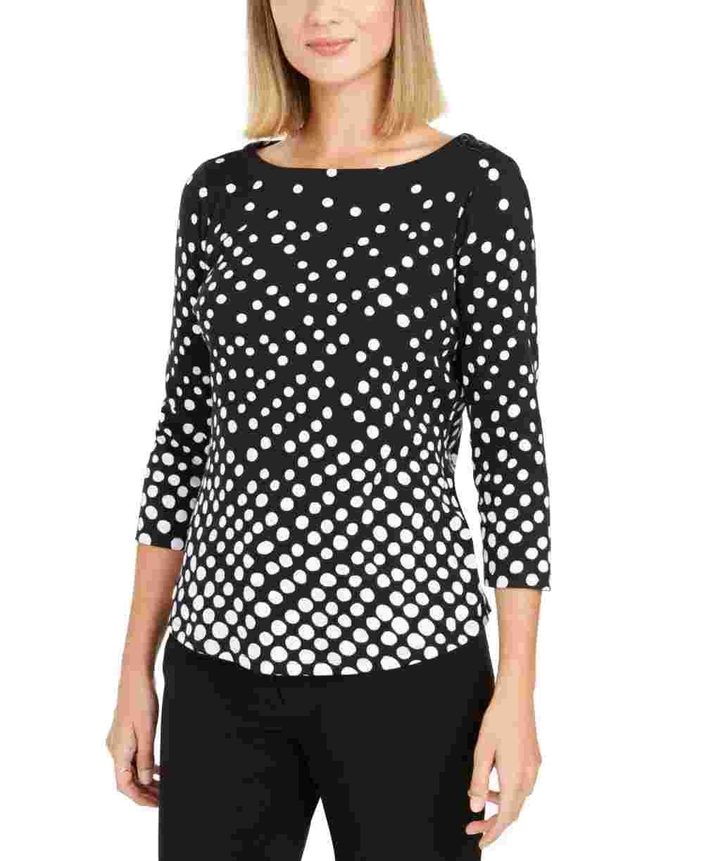 Charter Club Women's Petite Pima Cotton Button-Shoulder Print Top Black Size Petite