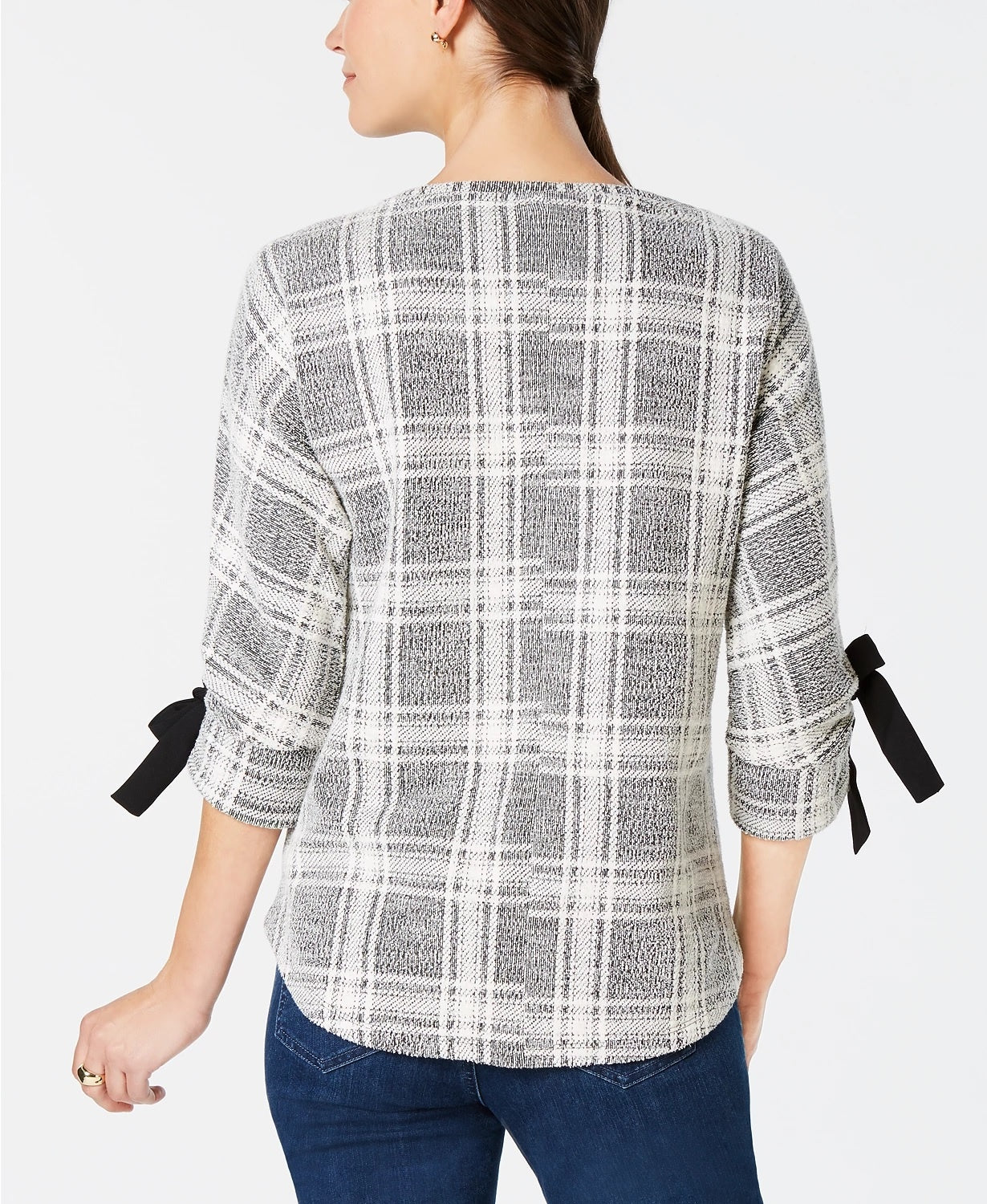 Charter Club Women's Plaid Bow Sleeve Top Black Size X-Small