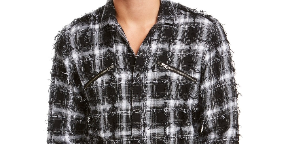 INC International Concepts Men's Frayed Plaid Shirt White Size XX-Large