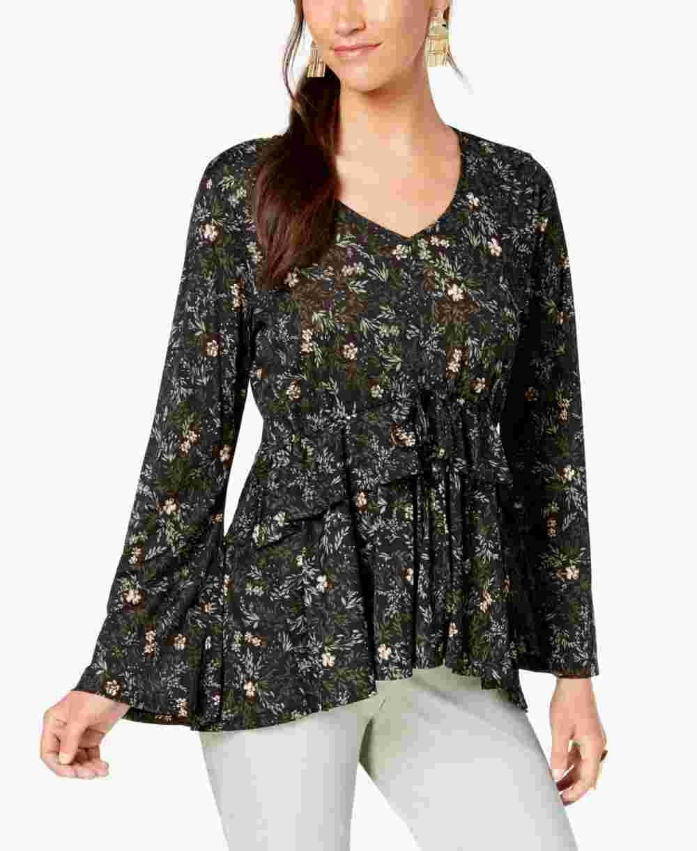 Style & Co Women's Printed Babydoll Top Black Size Medium