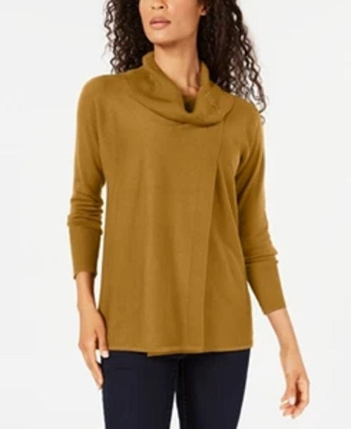 JM Collection Women's Faux-Wrap Cowl-Neck Sweater Gold Size X-Large