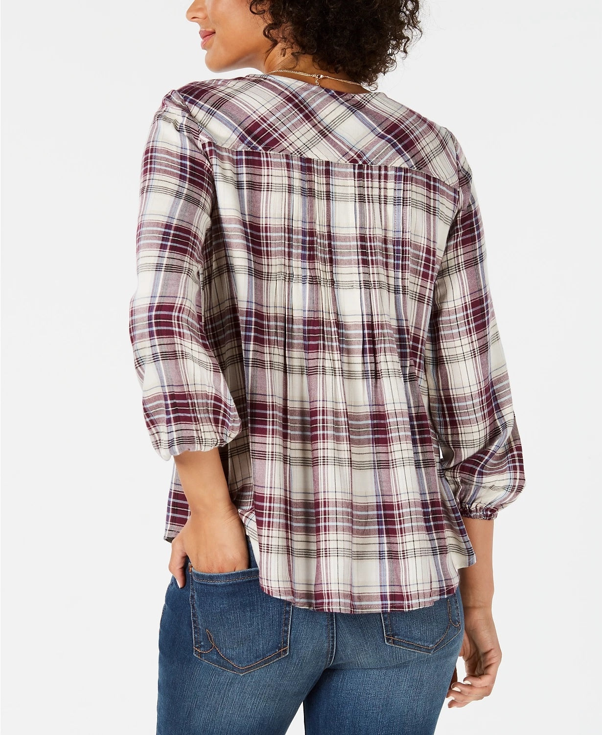 Style & Co Women's Plaid Pleated Top Purple Size Petite Medium