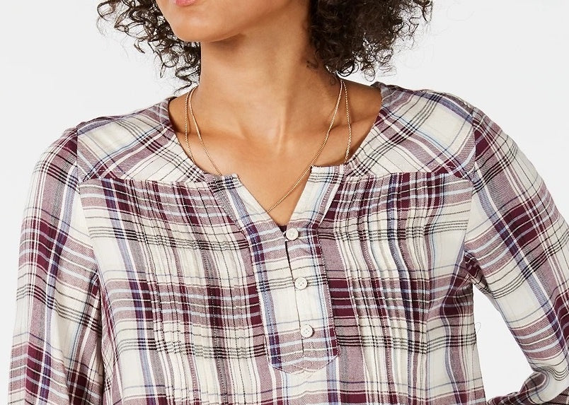 Style & Co Women's Plaid Pleated Top Purple Size Petite Medium