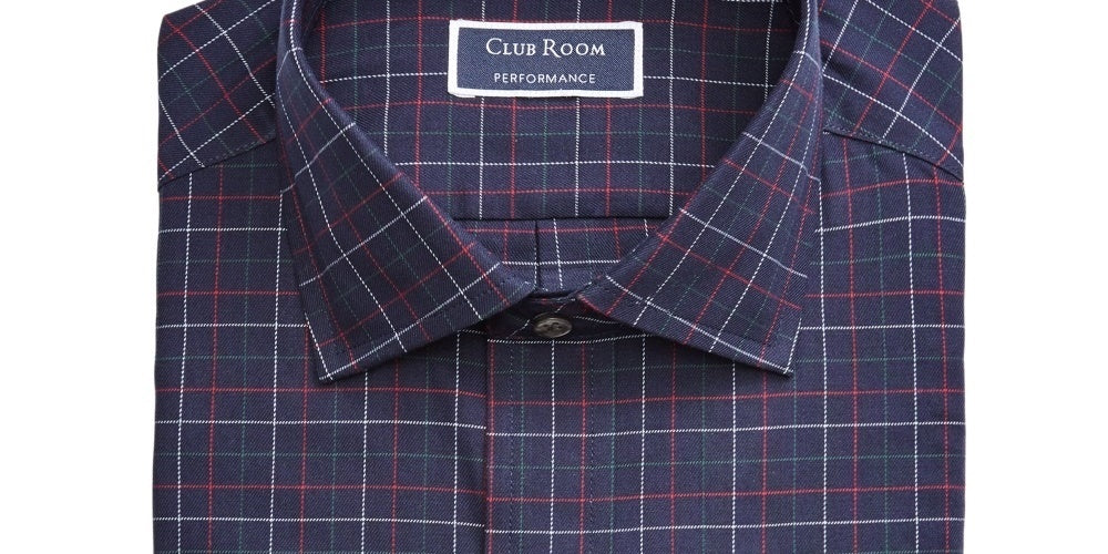 Club Room Men's Navy Check Collared Classic Fit Wrinkle Resistant Dress Shirt Blue Size 17.5X32-33