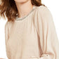Alfani Women's Textured-Stripes Embellished-Neck Top Beige Size Small