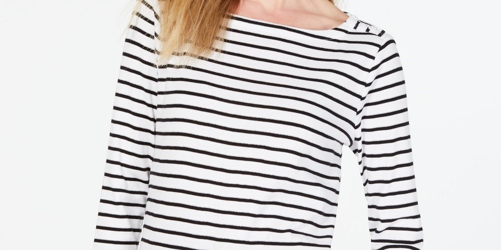 Charter Club Women's Pima Cotton Button Shoulder Stripe Top White Size Small